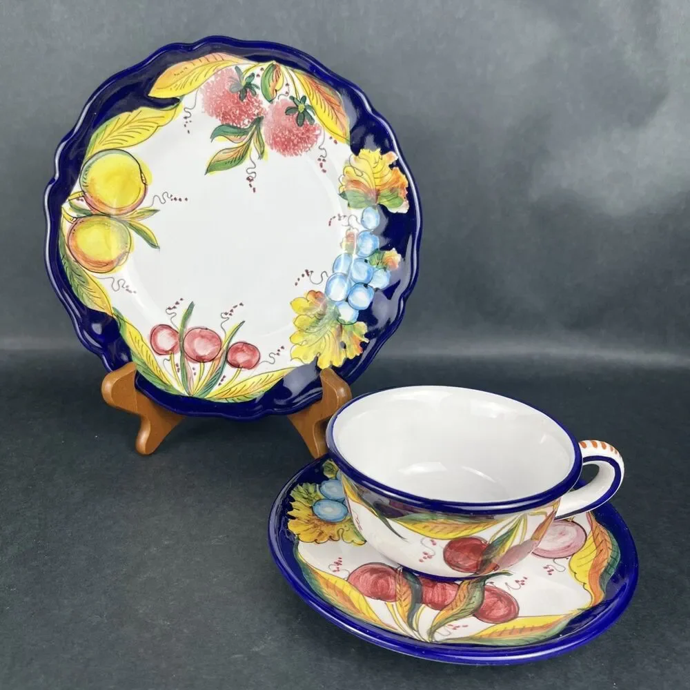 Italian Hand Painted Ravello Pottery Cup Saucer Plate Set Da‎ Lena Fruit Design